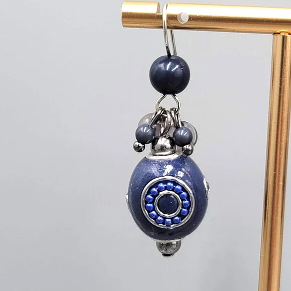 Blue Bead Pierced Earrings Crystal Silver tone Dangle 1.25 in - Picture 3 of 8